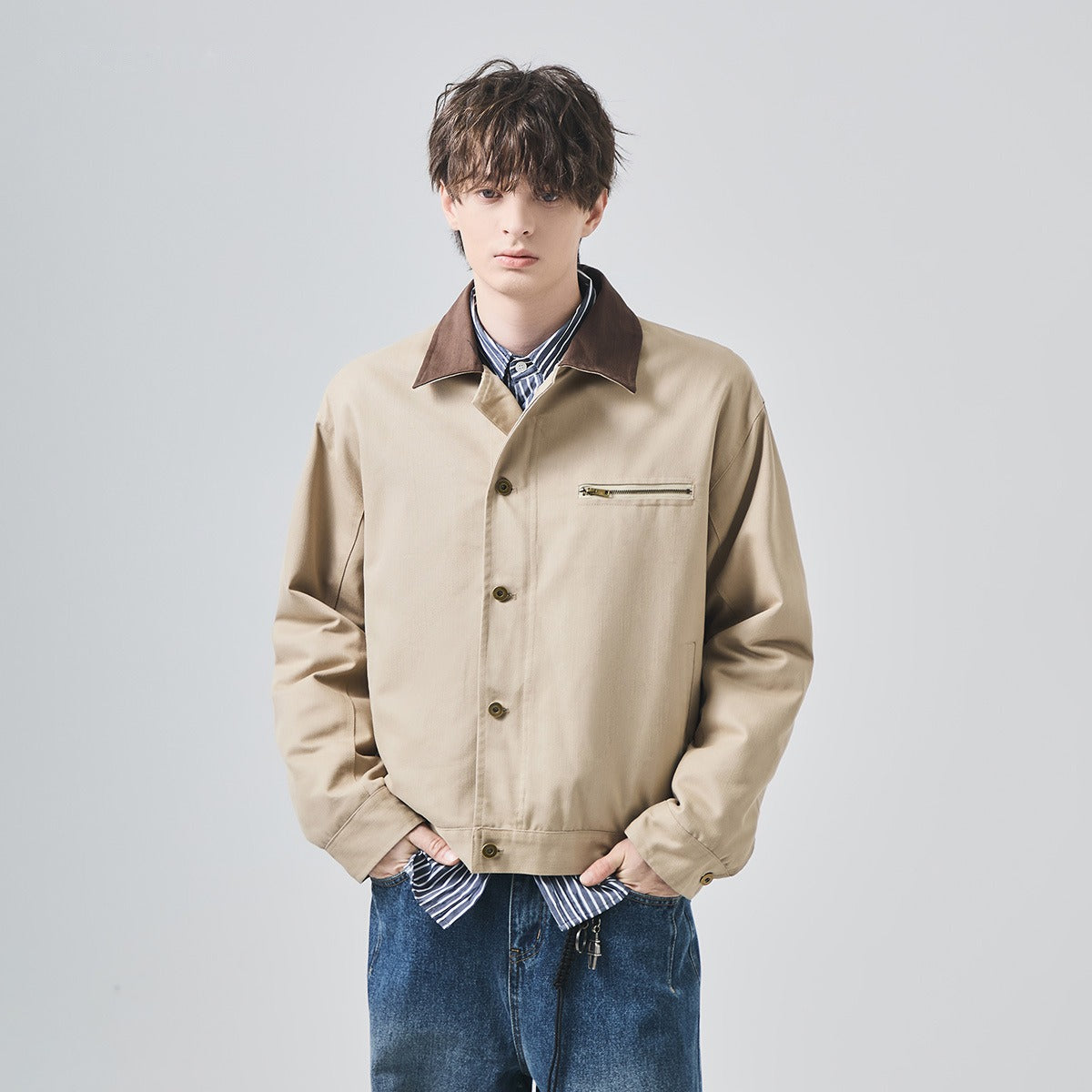 Men's Loose Contrast-Collar Thickened Button-Up Jacket