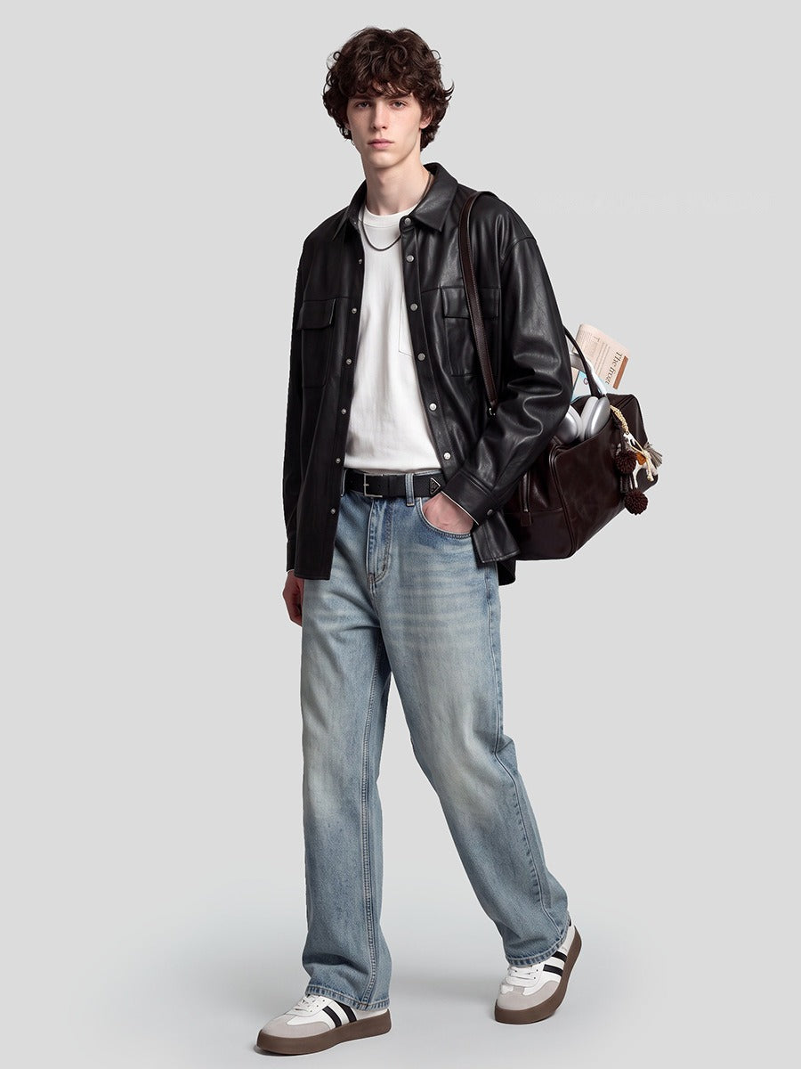 Men's Loose Leather-Look Button-Up Shirt Jacket