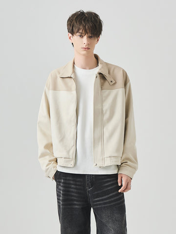 Men's Loose Color-Block Suede Zip-Up Jacket with Lapel Collar