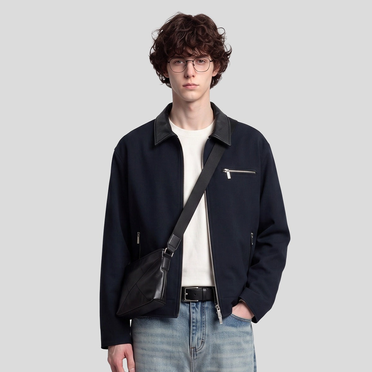 Men's Loose Color-Block Zip-Up Jacket, Leather-Look Collar