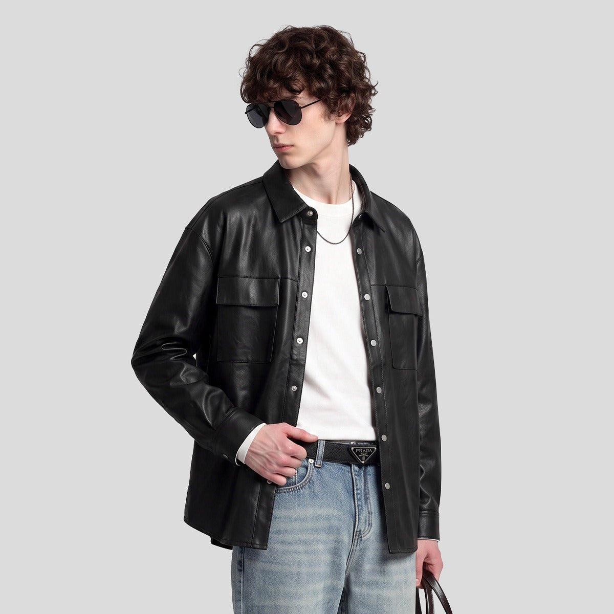 Men's Loose Leather-Look Button-Up Shirt Jacket