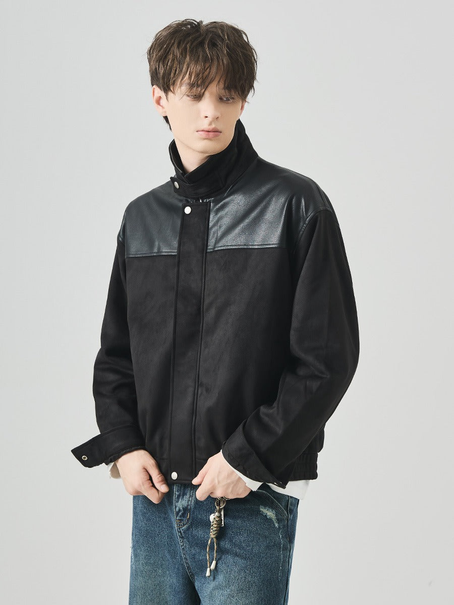 Men's Loose Color-Block Suede Zip-Up Jacket with Lapel Collar