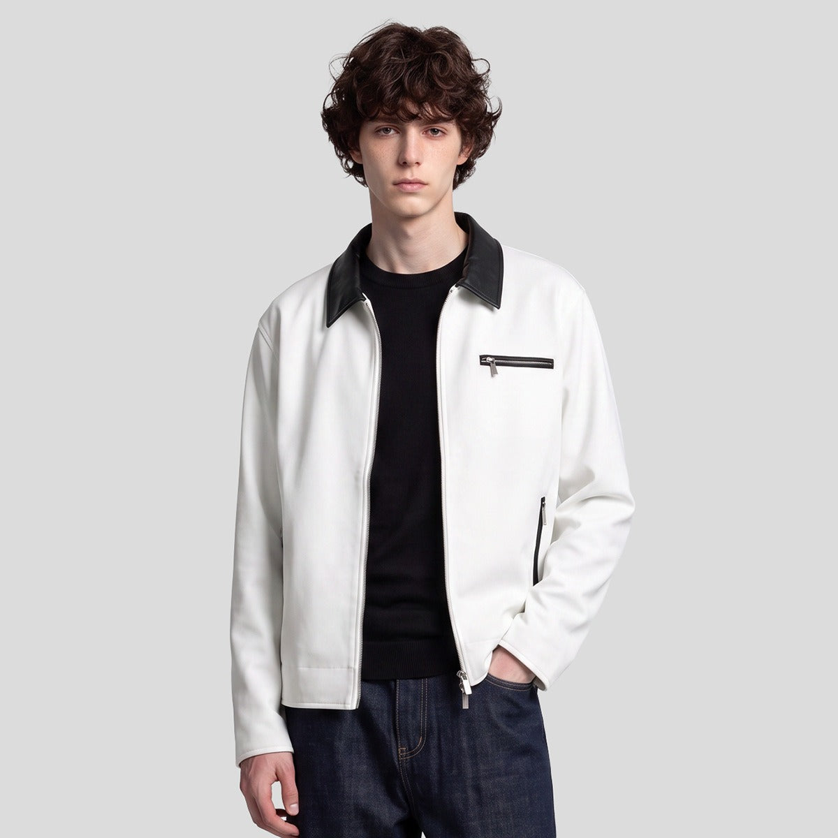 Men's Loose Color-Block Zip-Up Jacket, Leather-Look Collar
