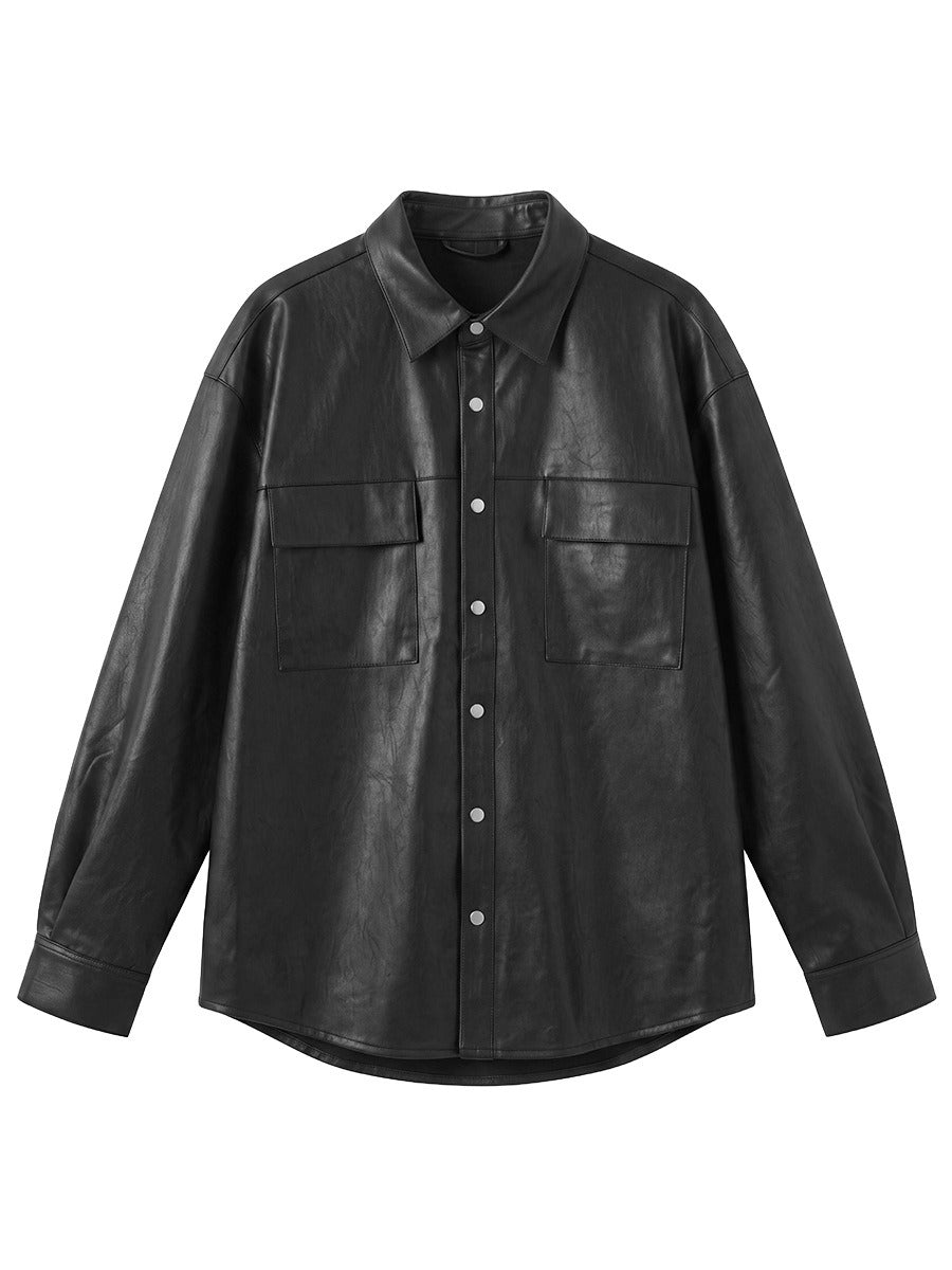 Men's Loose Leather-Look Button-Up Shirt Jacket