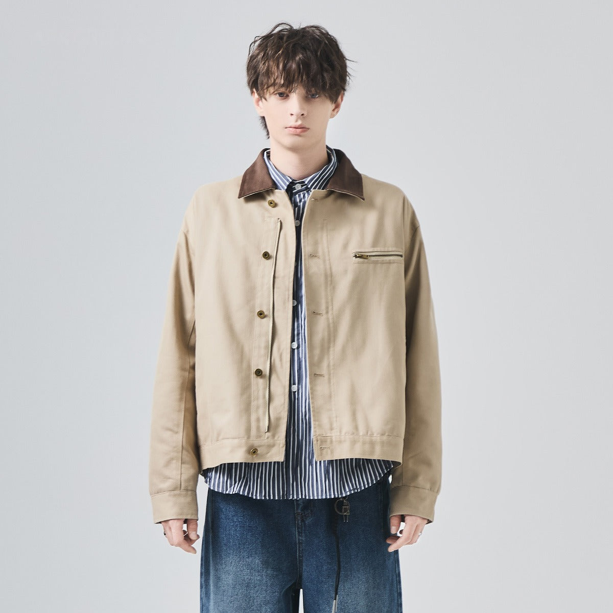 Men's Loose Contrast-Collar Thickened Button-Up Jacket