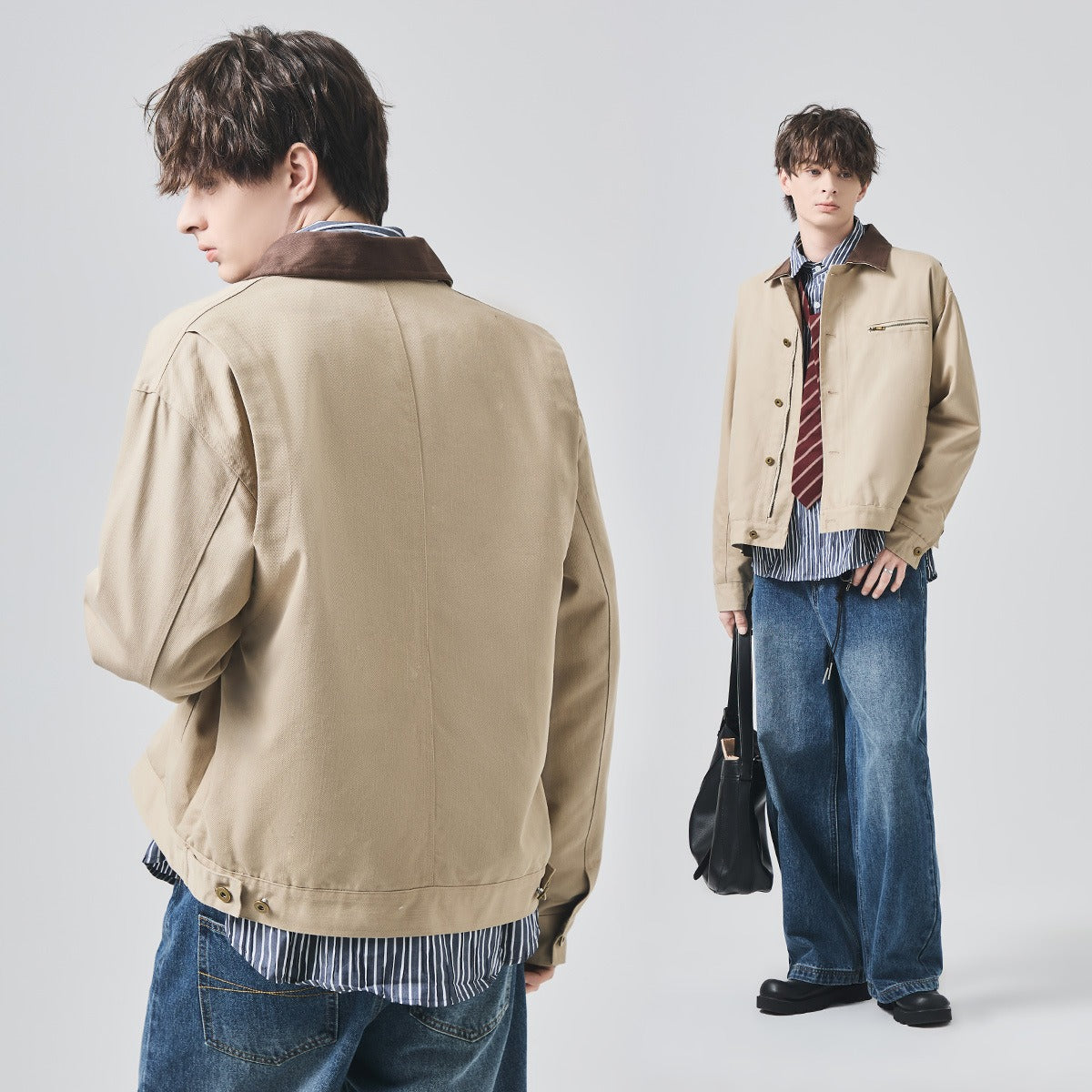 Men's Loose Contrast-Collar Thickened Button-Up Jacket