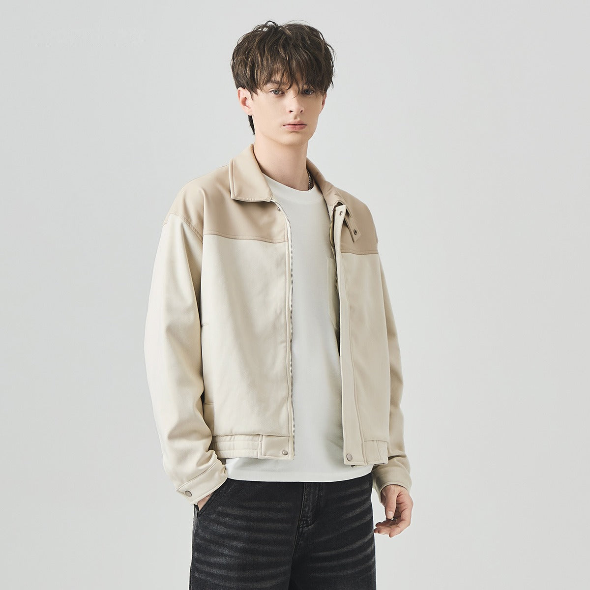 Men's Loose Color-Block Suede Zip-Up Jacket with Lapel Collar