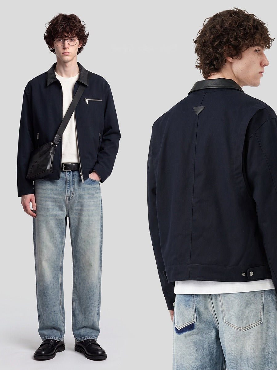 Men's Loose Color-Block Zip-Up Jacket, Leather-Look Collar