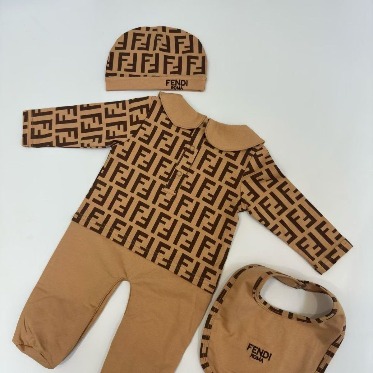 Fendi Kids tan FF monogram pattern Baby Set