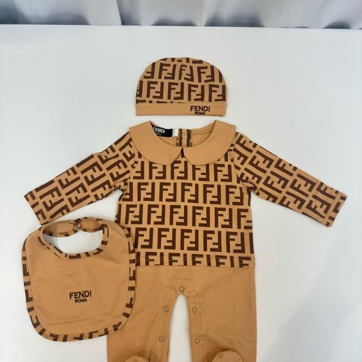 Fendi Kids tan FF monogram pattern Baby Set