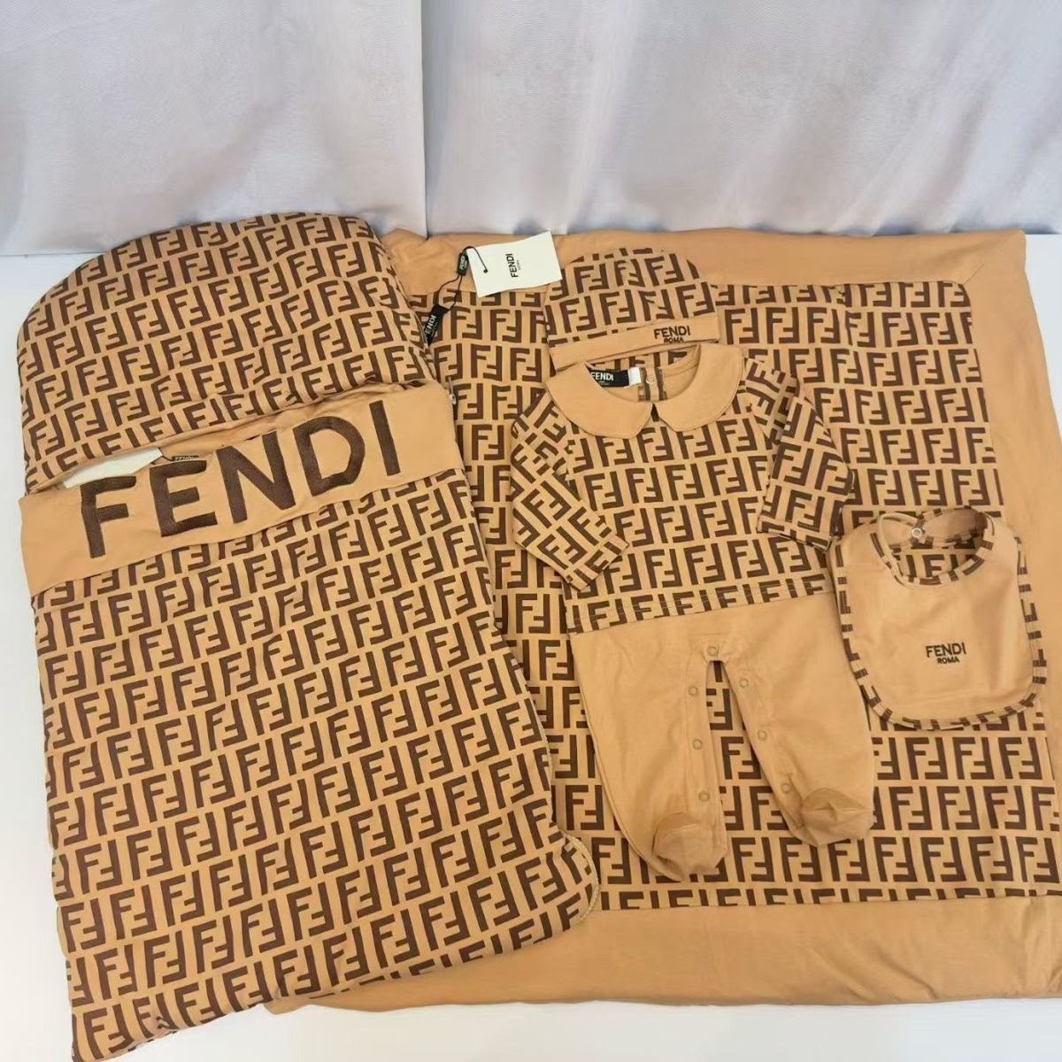 Fendi Kids tan FF monogram pattern Baby Set