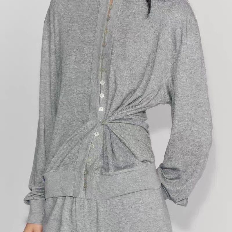 Zara Grey Funnel-Neck Ruched Waist Button-Front Top
