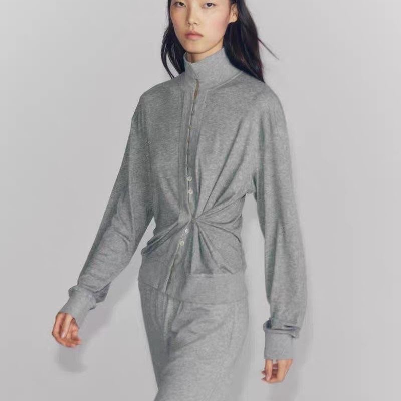 Zara Grey Funnel-Neck Ruched Waist Button-Front Top
