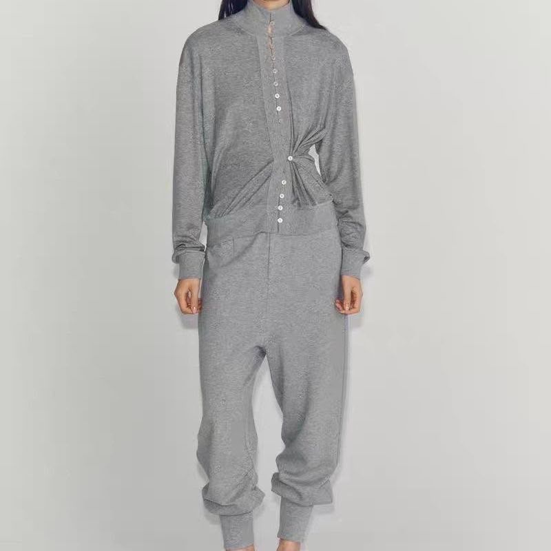 Zara Grey Funnel-Neck Ruched Waist Button-Front Top