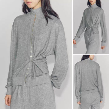 Zara Grey Funnel-Neck Ruched Waist Button-Front Top