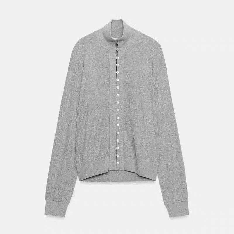 Zara Grey Funnel-Neck Ruched Waist Button-Front Top