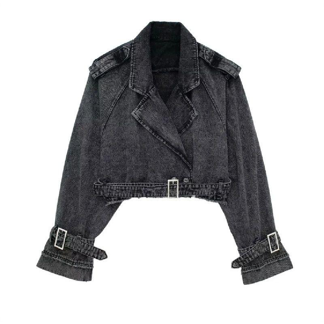 Cropped Belted Denim Jacket