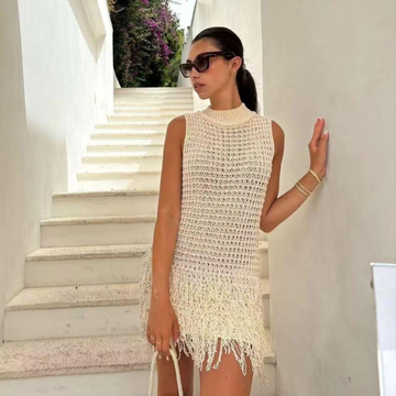 Textured Sleeveless Mini Dress with Fringe Hem