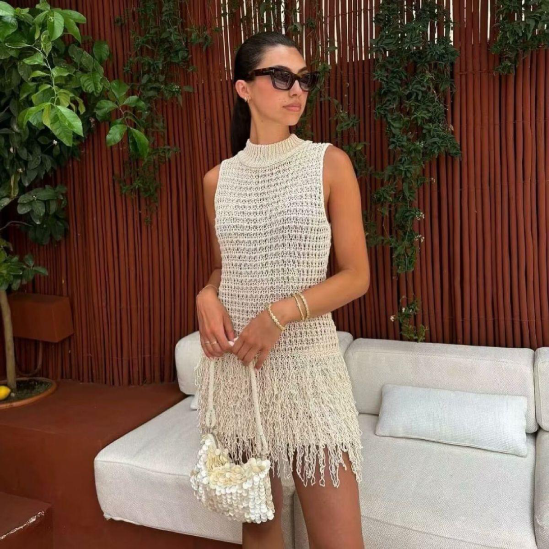 Textured Sleeveless Mini Dress with Fringe Hem