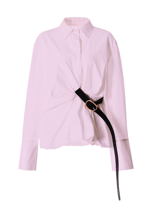 Twisted Front Long-Sleeve Shirt with Belt