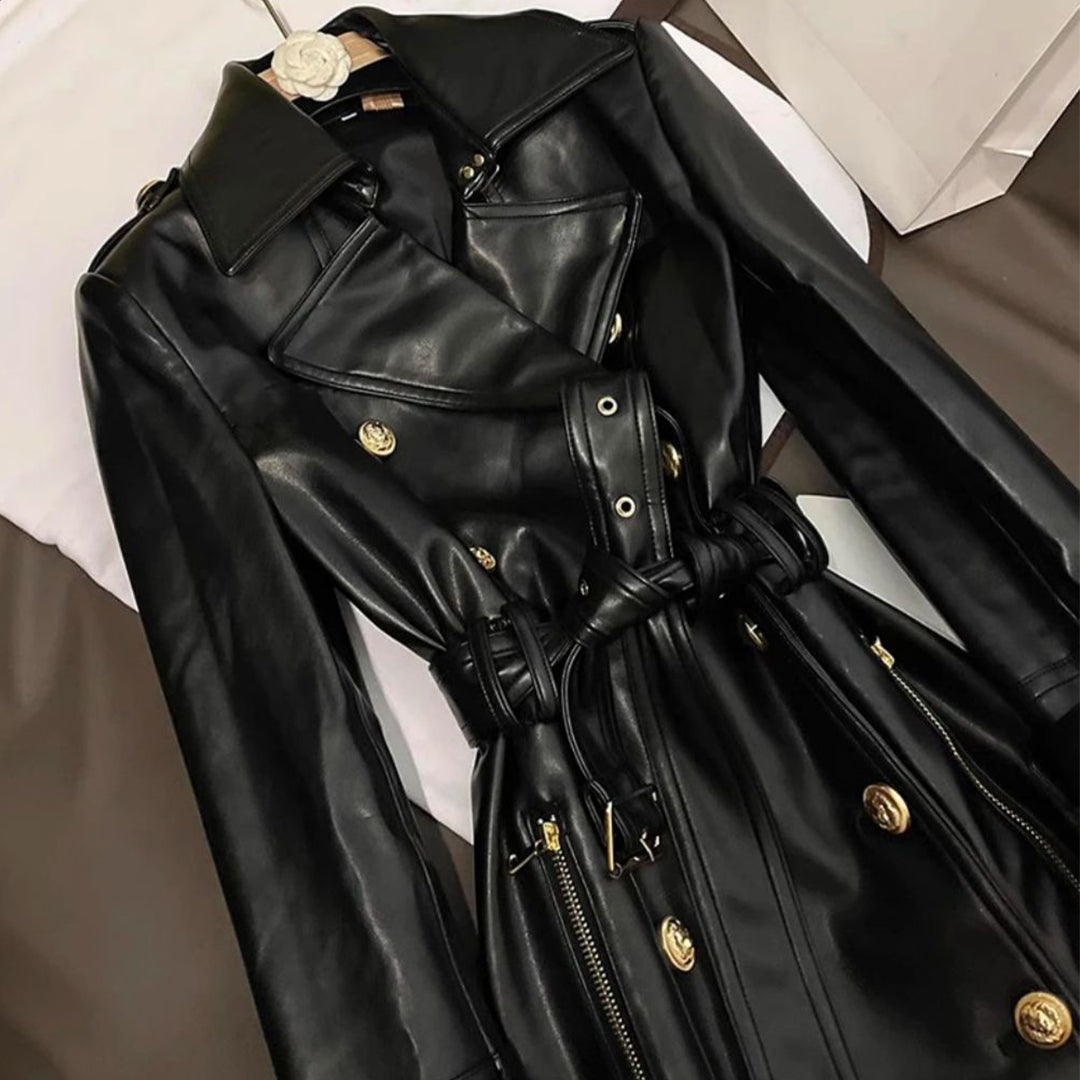 Double-Breasted Belted Long Leather Jacket