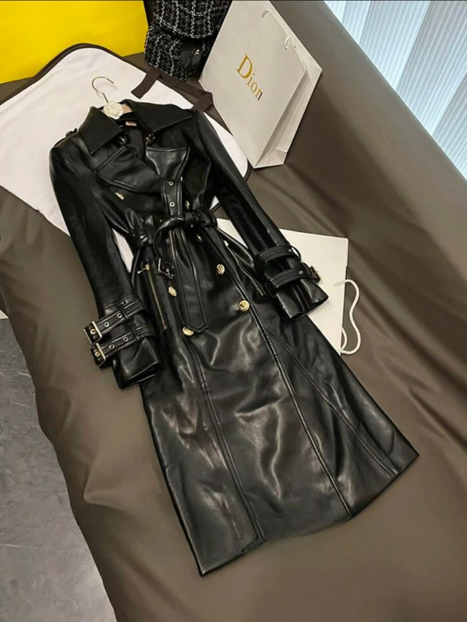Double-Breasted Belted Long Leather Jacket