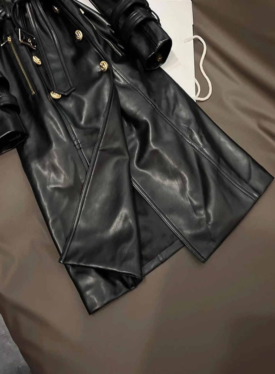 Double-Breasted Belted Long Leather Jacket