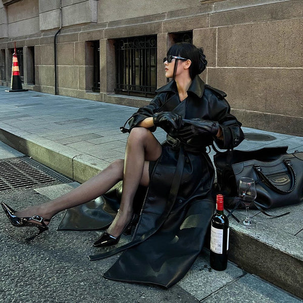 leather coat high-end waist slimming windbreake