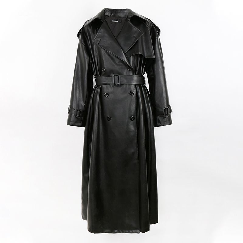Black Oversized Leather Trench Coat