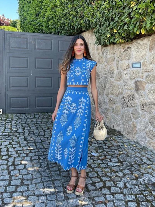 Embroidered Crop Top and Midi Skirt Set