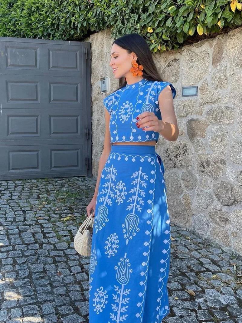 Embroidered Crop Top and Midi Skirt Set