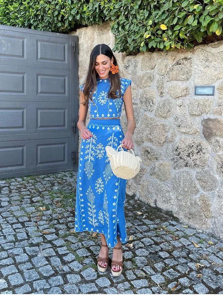 Embroidered Crop Top and Midi Skirt Set