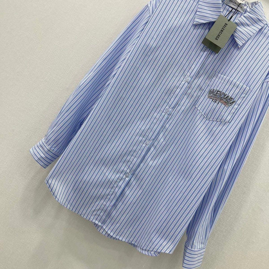 Balenciaga Striped Cotton Shirt with Crystal Logo Embroidery