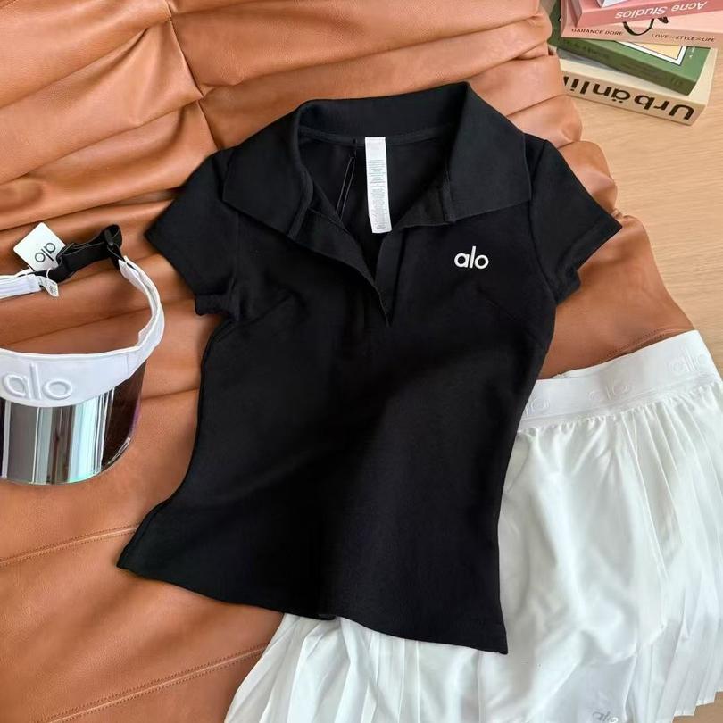 Alo Yoga Ribbed Short-Sleeve Polo Crop Top