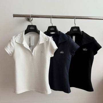 Alo Yoga Ribbed Short-Sleeve Polo Crop Top