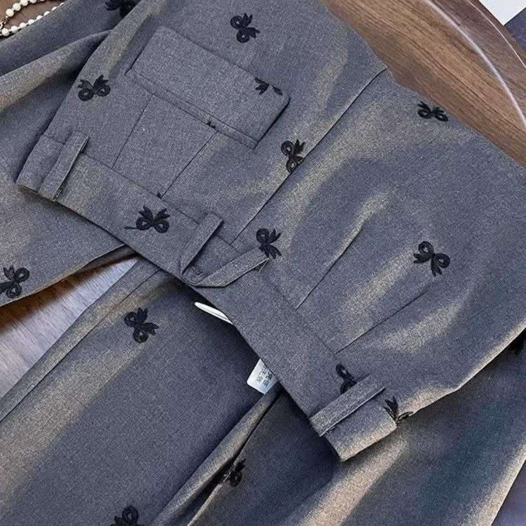 Wide-Leg Grey Trousers with Black Bow Embroidery