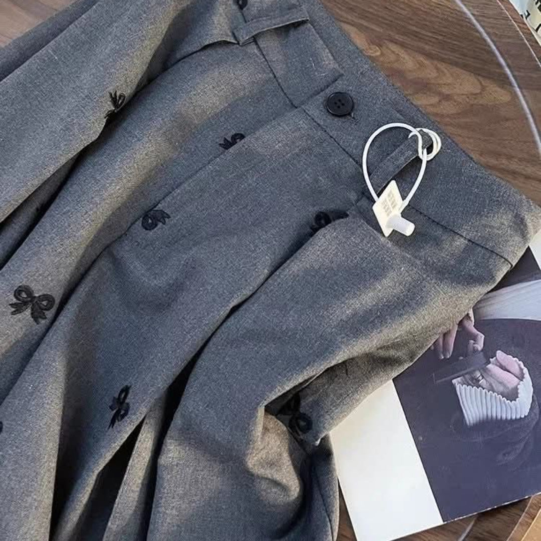 Wide-Leg Grey Trousers with Black Bow Embroidery