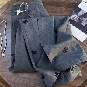 Wide-Leg Grey Trousers with Black Bow Embroidery