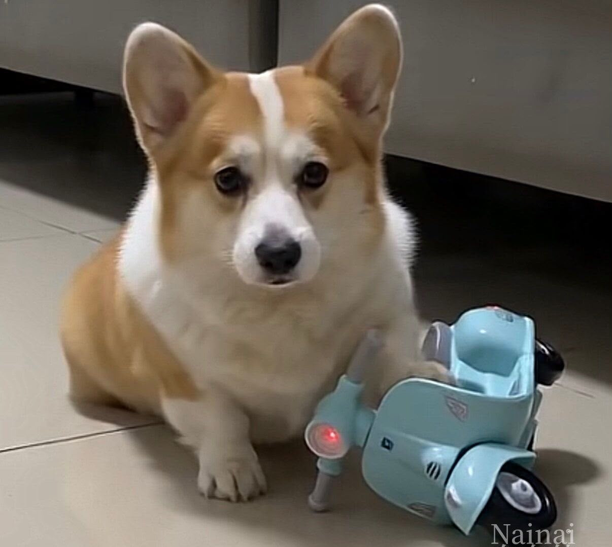 Pembroke Welsh Corgi riding a toy, light blue Vespa-style scooter