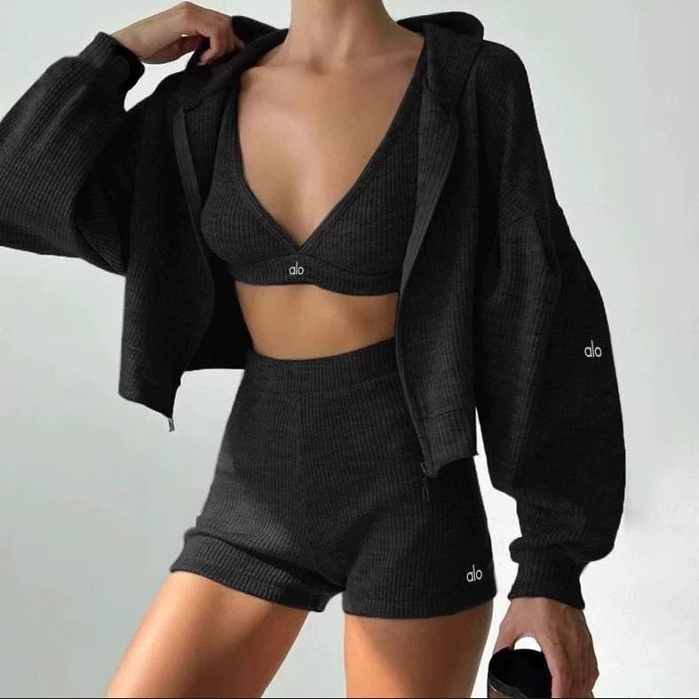 Alo Yoga Serenity Bra, High-Waist Biker Shorts and Zip Hoodie Set