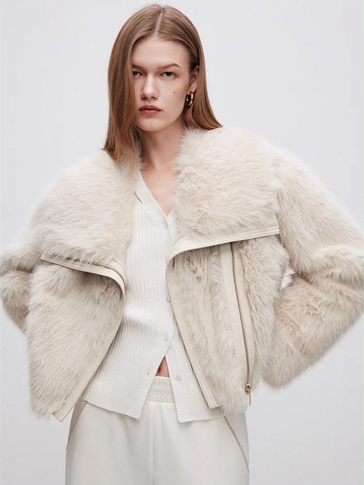 Light Beige Faux Fur  lapel Coat