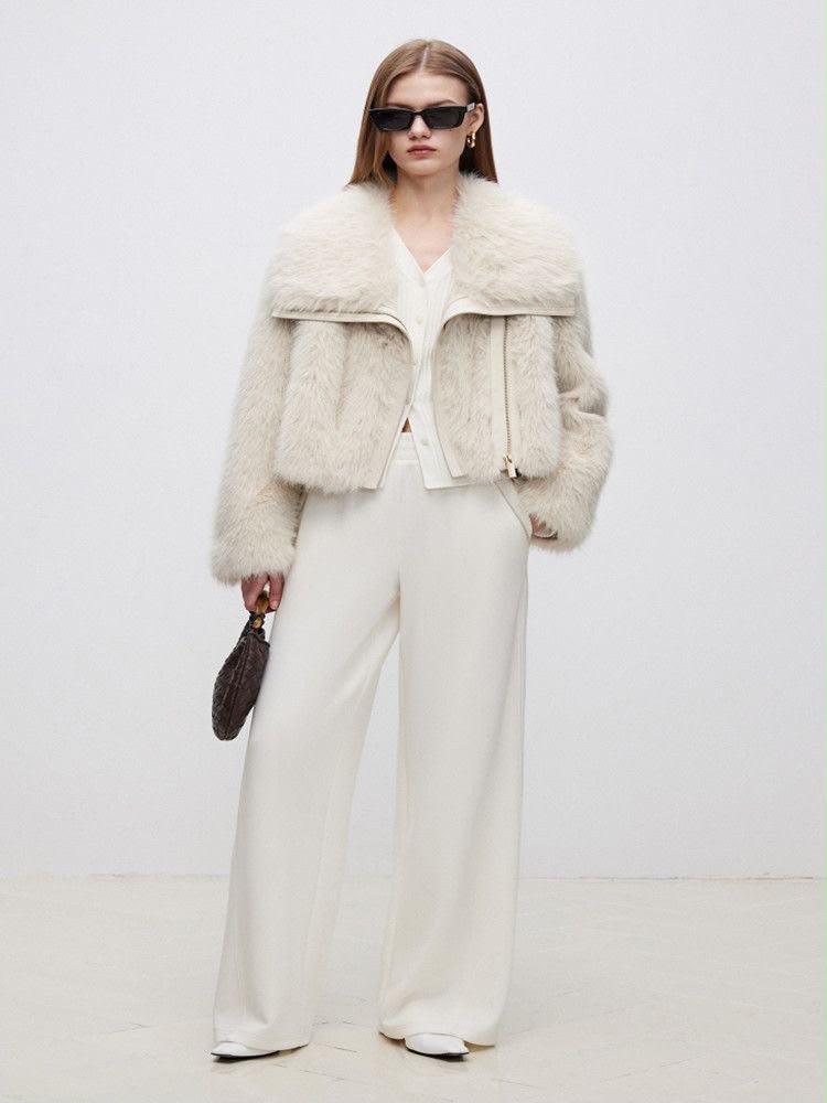 Light Beige Faux Fur  lapel Coat