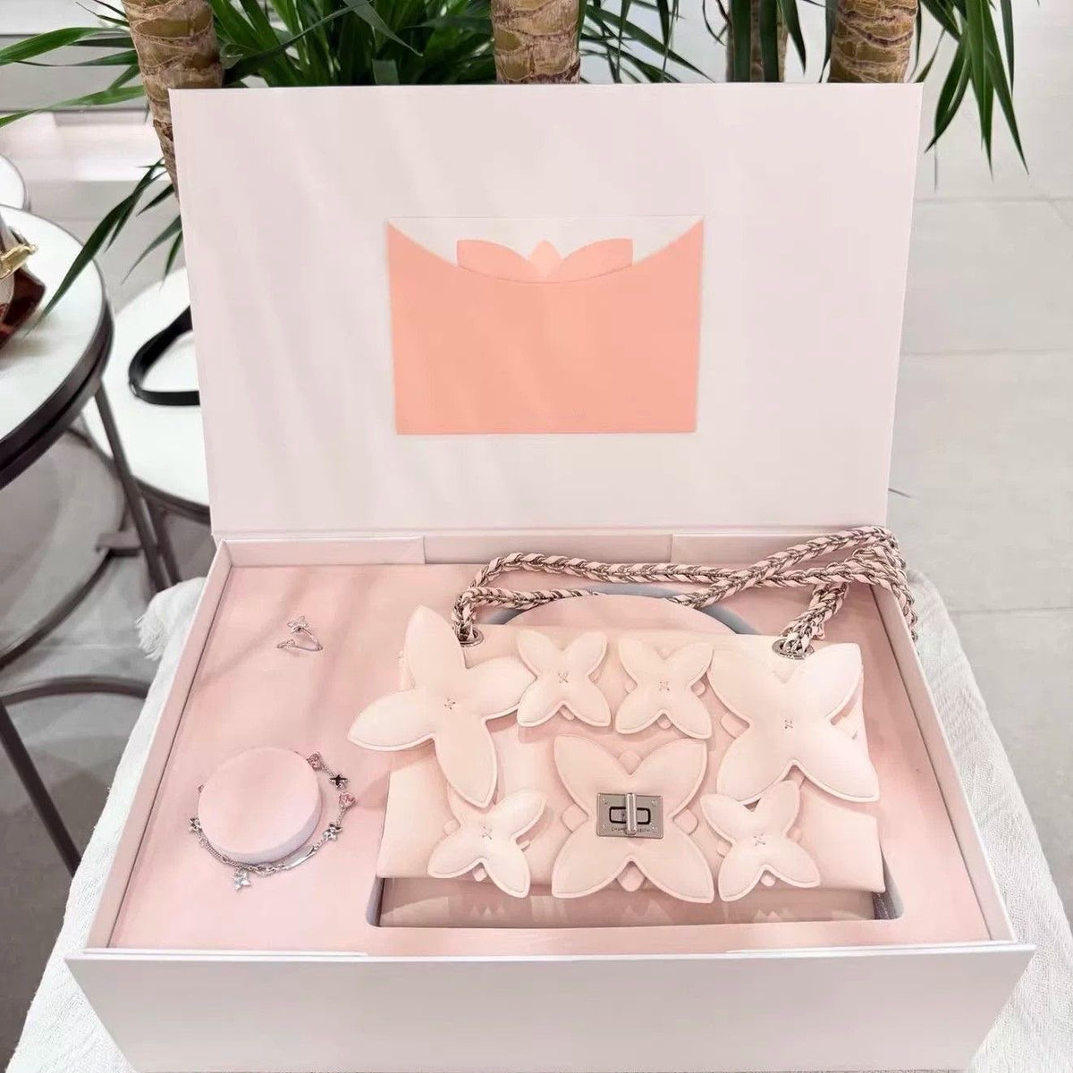 Charles & Keith Gift Set: Flower Chain Shoulder Bag With Jewellery Set - Soft Pink