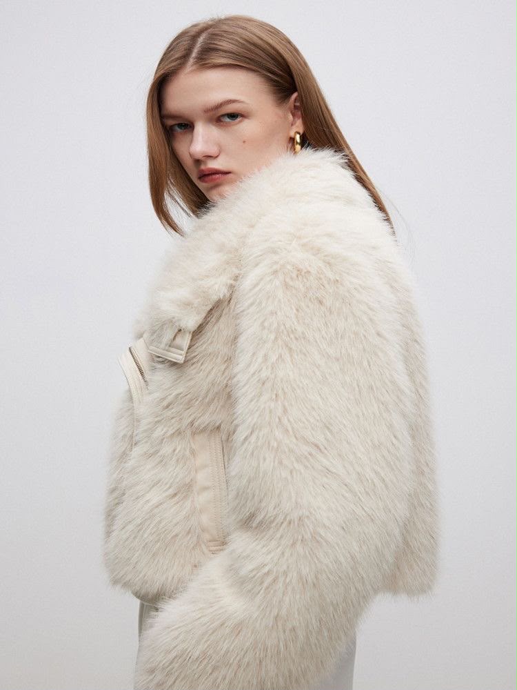 Light Beige Faux Fur  lapel Coat