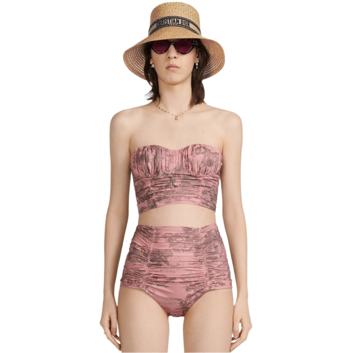 Dior Dioriviera One Piece Strapless Bikini White And Pink Toile De Jouy Technical Fabric