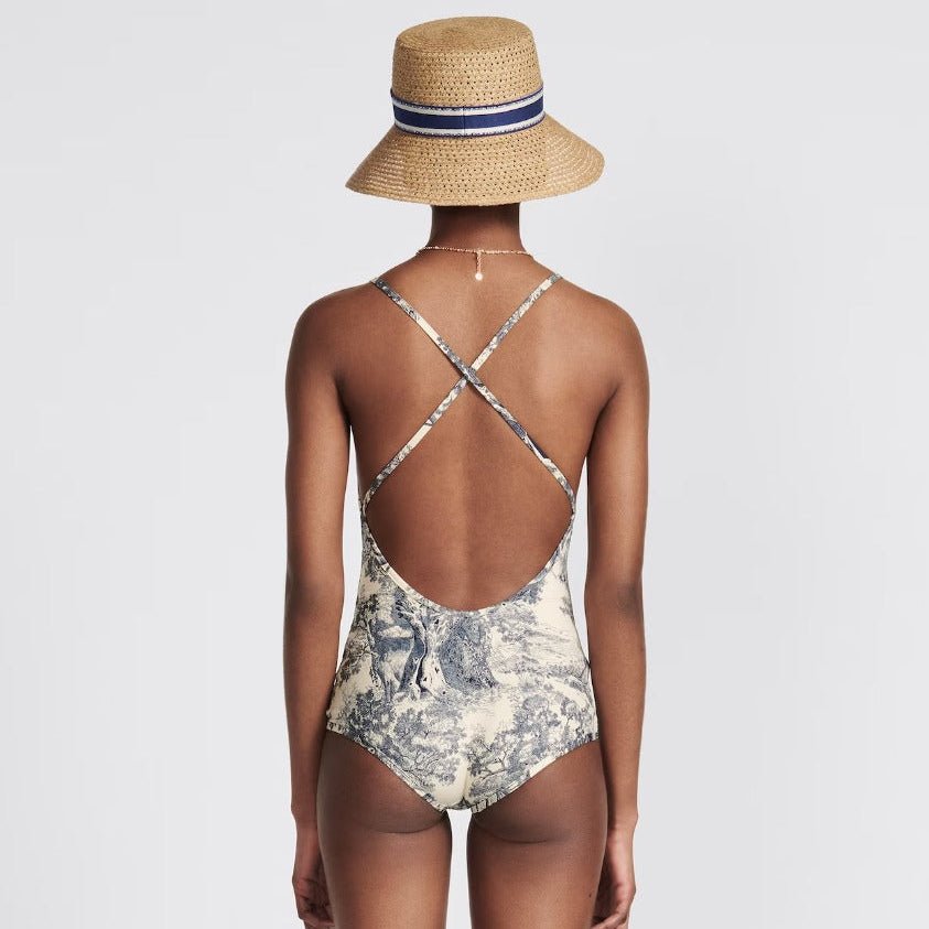 Dior Dioriviera One Piece Swimsuit Brief White And Blue Toile De Jouy Technical Fabric