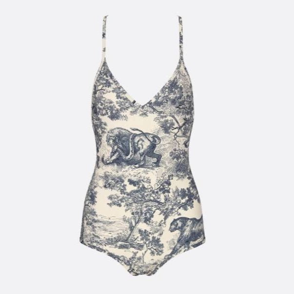Dior Dioriviera One Piece Swimsuit Brief White And Blue Toile De Jouy Technical Fabric