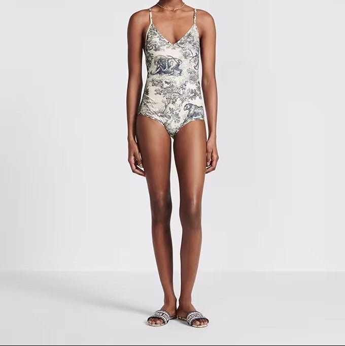 Dior Dioriviera One Piece Swimsuit Brief White And Blue Toile De Jouy Technical Fabric