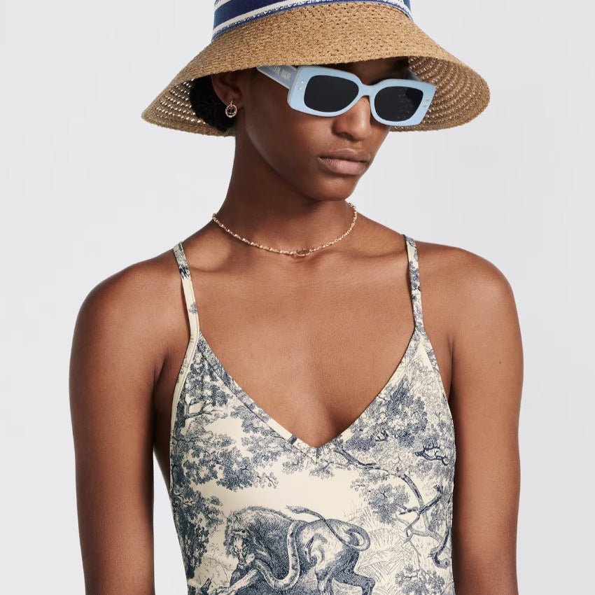 Dior Dioriviera One Piece Swimsuit Brief White And Blue Toile De Jouy Technical Fabric