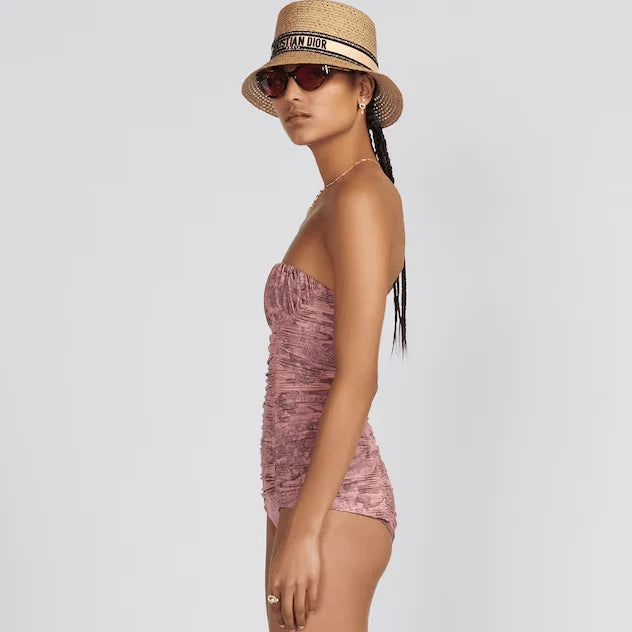 Dior Dioriviera One-Piece Swimsuit in White and Pink Toile de Jouy Technical Fabric